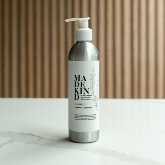 madekind natural hair shampoo 250ml in aluminium bottle with lavender and geranium essential oils